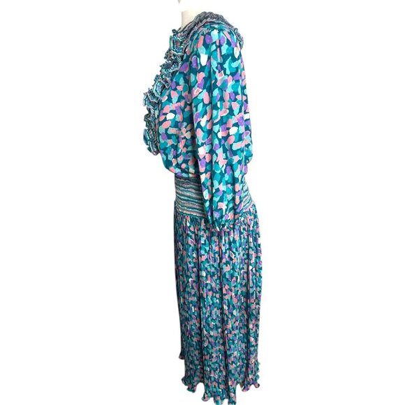 VTG Neiman Marcus Susan Freis Ruffle Collar Pleated Long Sleeve Dress Size Large - Picture 3 of 10